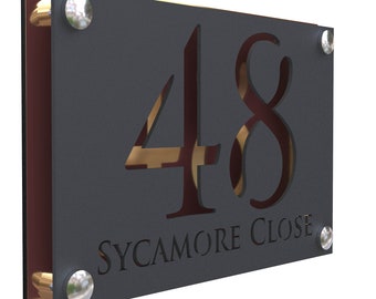 K Smart Sign | Simpatico | Laser Cut House Door Number Matt Gray Acrylic Plaques With Copper Mirror Backplate - Custom | 280mm x 180mm