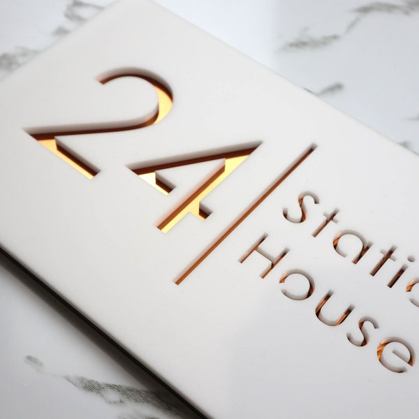 K Smart Sign | Bellissima H2 | Laser Cut Matt White & Copper Mirror Floating House Sign Door Numbers Plaque | 300mm x 160mm…