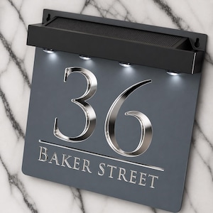 Letrero solar LED para número de casa, placa de dirección personalizada en gris antracita mate, letreros luminosos para puerta o pared de 180 mm x 180 mm.