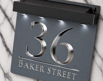 Solar LED House Number Sign, Matt Grey Anthracite PersonaliSed Address Plaque, Illuminated Door Wall Signs 180mm x 180mm