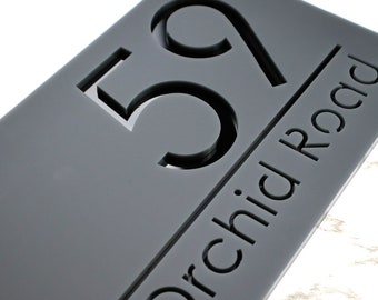 K Smart Sign | Bellissima H1 | Laser Cut Matt Dark Gray Anthracite & Black Mirror Floating House Sign | 300mm x 160mm