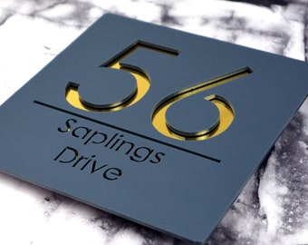 K Smart Sign / Bellissima S1 F31 / Letreros flotantes para casa, números de puerta y placas, cortados con láser, en gris mate y dorado, 180 mm x 180 mm