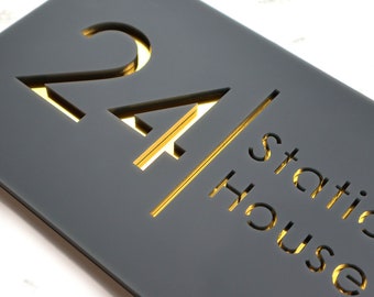 K Smart Sign / Bellissima H2 / Laser Cut Matt Dark Gray Antracita & Gold Mirror Floating House Sign / 300mm x 160mm...