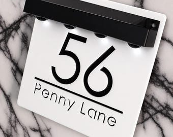 Solar LED House Number Sign, Matt White Modern Personalised Light Up Address Plaque, Illuminated Door Sign Wall Numbers 180mm x 180mm