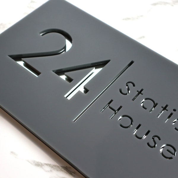 K Smart Sign | Bellissima H2 | Laser Cut Matt Dark Gray Anthracite & Silver Mirror Floating House Sign | 300mm x 160mm…