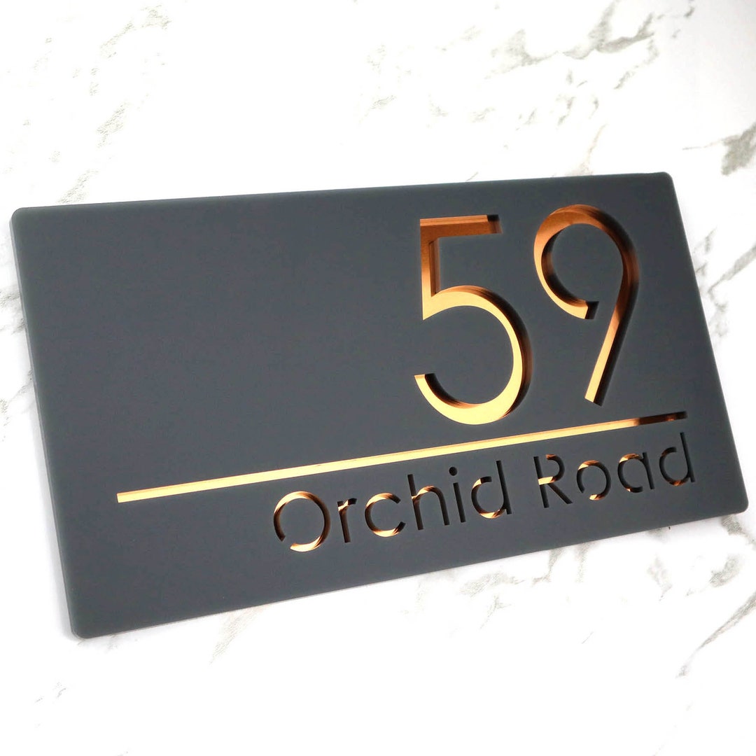 K Smart Sign | Bellissima H1 | Laser Cut Matt Dark Gray (Grey) & Gold Mirror Floating House Sign Plaques Address Door Number | 300mm X 160mm - View #2