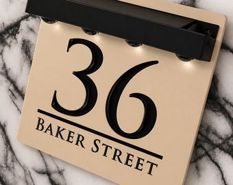 Solar LED House Number Sign, Matt Beige Cream Khaki Personalised Light Up Address Plaque, Illuminated Door Sign Wall Numbers 180mm x 180mm