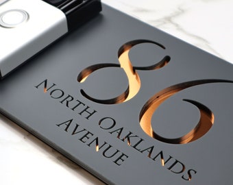 K Smart Sign | Bellissima DB | Ring Nest Video doorbell Laser Cut Matt Dark Gray RAL7016 Anthracite & Copper Mirror Floating House Sign