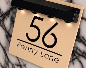 Solar LED House Number Sign, Matt Beige Khaki Modern Personalised Light Up Address Plaque, Illuminated Door Sign Wall Numbers 180mm x 180mm