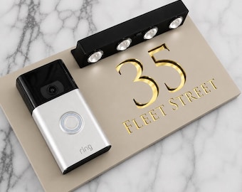 Solar LED House Number Door Signs Matt Beige Cream Khaki Video Doorbell Plaque 300mm x 160mm