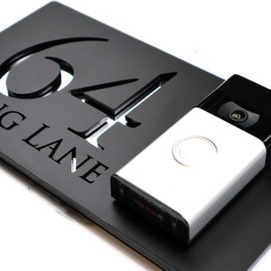 K Smart Sign | Bellissima DB | Ring Nest Video wifi doorbell mounting plate Laser Cut Matt Black & Silver Mirror Floating House Sign