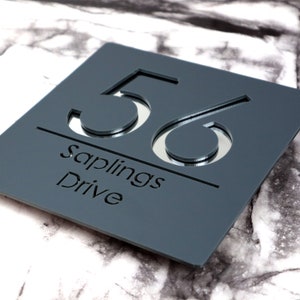 K Smart Sign | Bellissima S1 F31 | Laser Cut Matt Grey & Silver Mirror Floating House Signs Door Numbers Signs Plaques | 180mm x 180mm