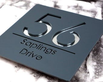 K Smart Sign | Bellissima S1 F31 | Laser Cut Matt Grey & Silver Mirror Floating House Signs Door Numbers Signs Plaques | 180mm x 180mm