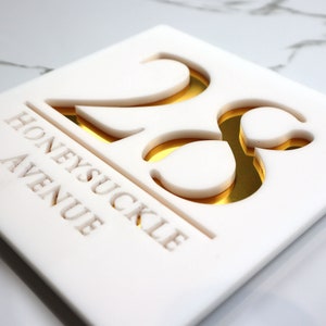 K Smart Sign | Bellissima S1 | Laser Cut Matt White & Gold Mirror Floating House Signs Door Number Plaques | 180mm x 180mm…