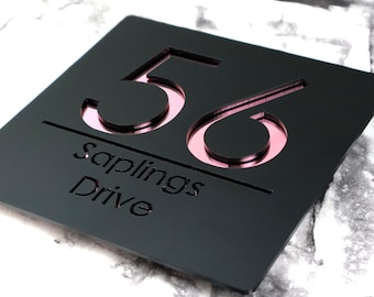 K Smart Sign / Bellissima S1 F31 / Placas de dirección para puerta con espejo en negro mate y oro rosa cortadas a láser, personalizadas, 18 cm x 18 cm