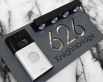 Modern Solar LED House Number Door Signs Matt Grey Video Ring Doorbell Plaque 300mm x 160mm