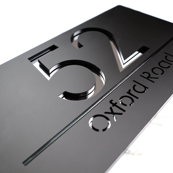 K Smart Sign | Laser Cut Matt Black & Silver Mirror Personalised Door Numbers House Sign Plaques Number Laser Cut 3d Number | 30cm x 16cm