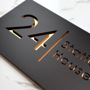 K Smart Sign | Bellissima H2 | Laser Cut Matt Black Plaques & Copper Mirror Floating House Sign Door Numbers Plaque | 300mm x 160mm…