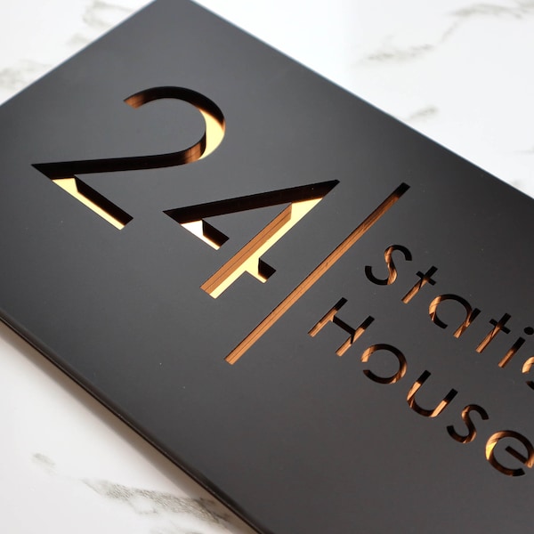 K Smart Sign / Bellissima H2 / Placas negras mate cortadas a láser y espejo de cobre flotante para casa, números de puerta, placa de 300 mm x 160 mm.