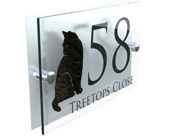 Modern Decorative Floral Contemporary Property Number Door Sign Plaque with Cat (DECA5-28B-S-C-C1)