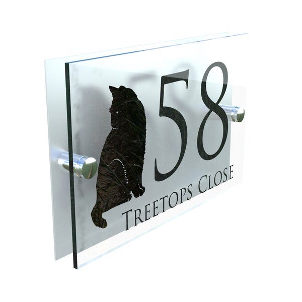 Modern Decorative Floral Contemporary Property Number Door Sign Plaque with Cat (DECA5-28B-S-C-C1)