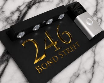Classic Solar LED House Number Sign Matt Black Video Doorbell Plaque 300mm x 160mm