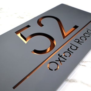 K Smart Sign | Bellissima H3 | Laser Cut Matt Dark Gray Anthracite & Copper Mirror Personalised Floating House Sign Plaque | 300mm x 160mm…