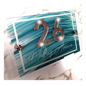 House Number Sign 3d Teal Printed Address Door Signage - Painted Brush Stroke With Mirror Acrylic Multiple Colours Available In Store