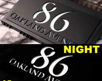 Letrero de casa con luz solar, placa de número de puerta iluminada, negro mate y gris mate, letrero personalizado con números de pared, 220 mm x 160 mm, A5