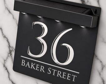 Solar LED House Number Sign, Matt Black Personalised Address Plaque, Illuminated Door Sign Wall Numbers 180mm x 180mm