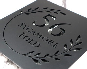 K Smart Sign | Floral S1 | Matt Black Contemporary Square House Sign, Door Numbers, Modern House Sign Black Marble Floral Wreath Flower