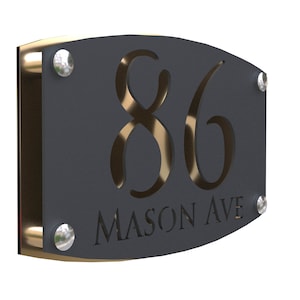 K Smart Sign | Carino | Laser Cut Grey House Sign Number Matt Gray Acrylic Plaques With Gold Mirror Backplate - Mailbox | 280mm x 180mm