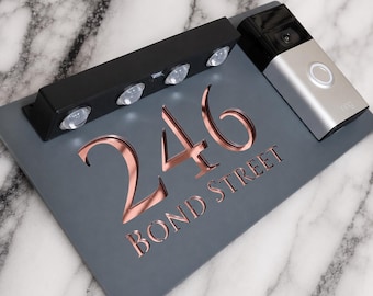 Classic Solar LED House Number Sign Matt Grey Anthracite Doorbell Ring Personalised Modern Address Plaque, Illuminated Door Wall Signs