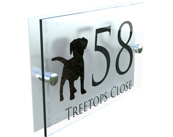 Modern Decorative Dog Puppy Contemporary Property Number Door House Sign Plaque with Dog (DECA5-28B-S-C-D1)