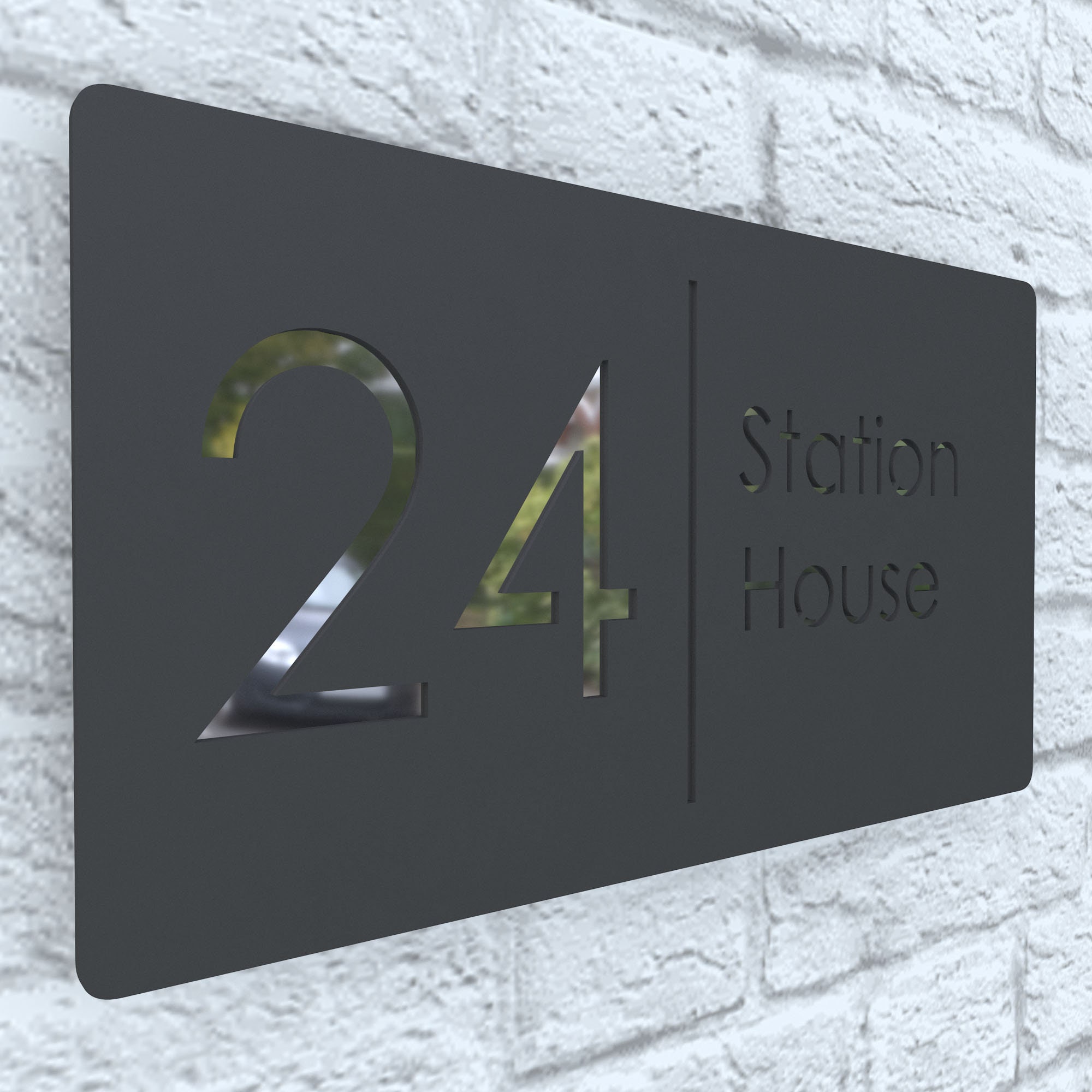 Address Plaques 300mm x 160mm Laser Cut Matt Dark Gray Anthracite & Silver Mirror Floating House