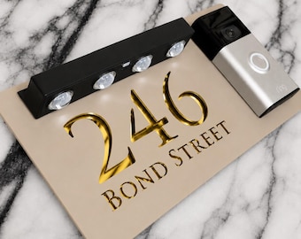 Classic Solar LED House Number Door Signs Matt Beige Cream Khaki Video Doorbell Plaque 300mm x 160mm