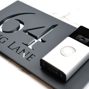 K Smart Sign | Bellissima DB | Ring Nest Video doorbell Mounting Laser Cut Matt Dark Gray Anthracite & Silver Mirror Floating House Plaque