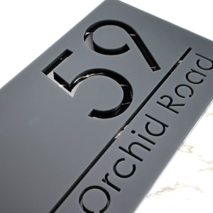 K Smart Sign | Bellissima H1 | Laser Cut Matt Dark Gray Anthracite & Black Marble Floating House Sign | 300mm x 160mm