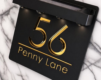 Solar LED House Number Sign, Matt Black Personalised Modern Address Plaque, Illuminated Door Sign Wall Numbers 180mm x 180mm