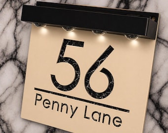 Solar LED House Number Sign, Matt Beige Khaki Modern Personalised Light Up Address Plaque, Illuminated Door Sign Wall Numbers 180mm x 180mm