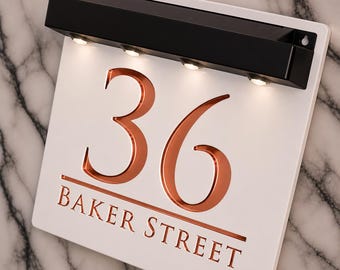 Solar LED House Number Sign, Matt White Personalised Light Up Address Plaque, Illuminated Door Sign Wall Numbers 180mm x 180mm