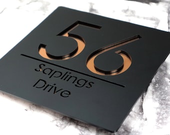 K Smart Sign / Bellissima S1 F31 / Placas de dirección para puerta con espejo de cobre y negro mate cortadas a láser, personalizadas, 18 cm x 18 cm