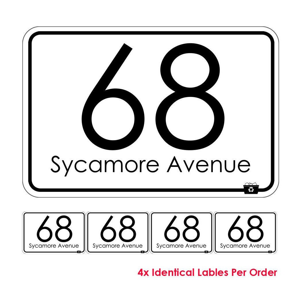 4 Pack of WHEELIE BIN NUMBERS with ROAD STREET NAME & NUMBER STICKER LABEL DECAL 