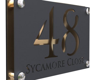 K Smart Sign | Simpatico | Laser Cut House Door Numbers Matt Gray Acrylic Plaques With Gold Mirror Backplate - Custom | 280mm x 180mm