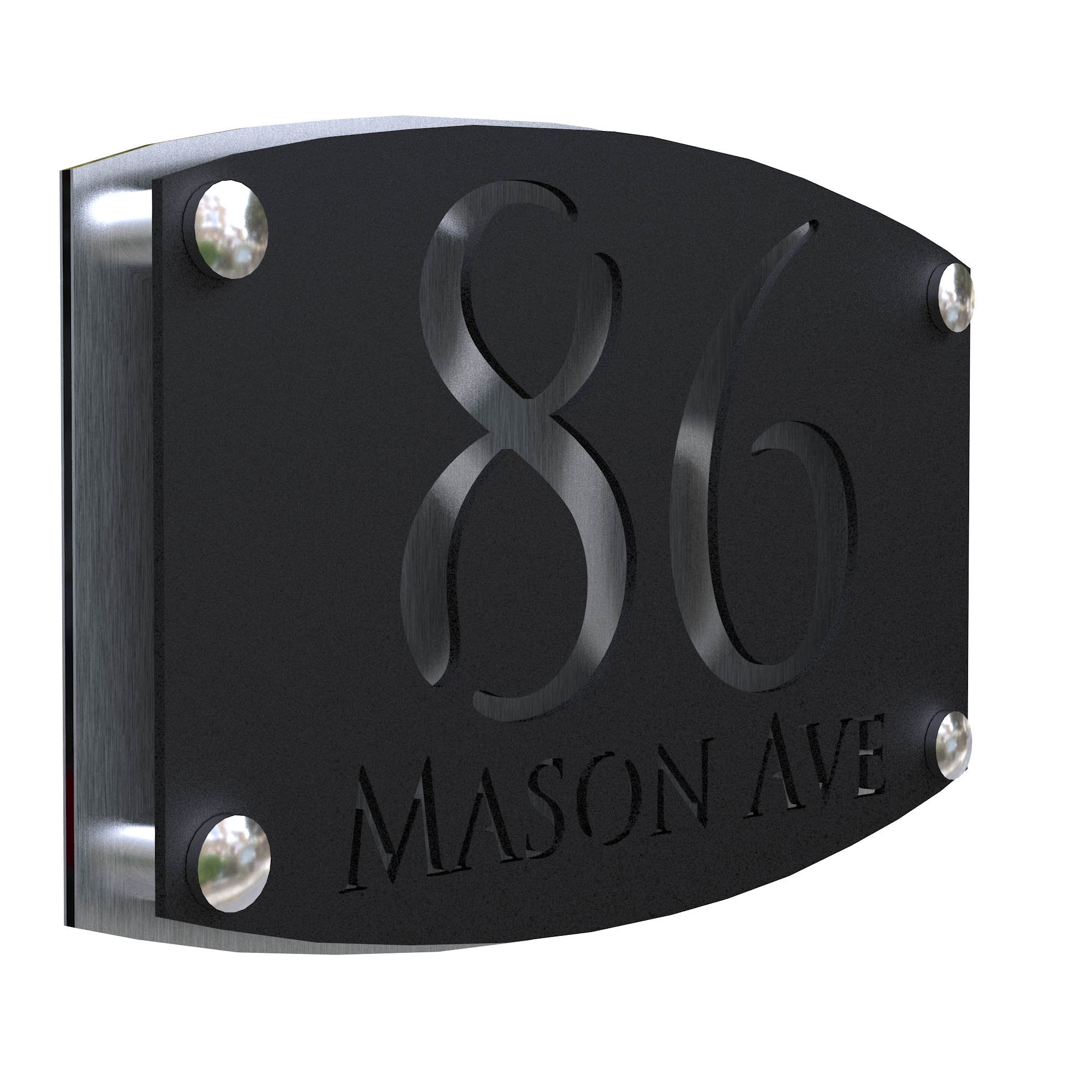 K Smart Sign | Carino | Laser Cut House Signs Number Matt Black Acrylic Plaque With Brushed Silver Backplate - mailbox | 280mm x 180mm