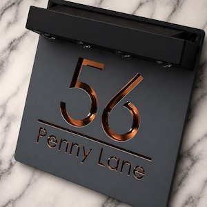 Puede incluir: Un letrero rectangular de color negro mate para casa que muestra el número 56 y el texto Penny Lane en un acabado de cobre metálico. El letrero incluye una lámpara negra integrada en la parte superior con cuatro lentes circulares.