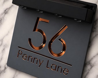 Solar LED House Number Sign, Matt Grey Anthracite PersonaliSed Modern Address Plaque, Illuminated Door Wall Signs 180mm x 180mm