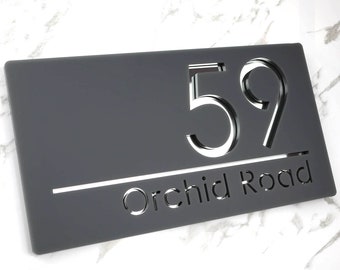 K Smart Sign | Bellissima H1 | Laser Cut Matt Dark Gray Anthracite & Silver Mirror Floating House Sign | 300mm x 160mm…