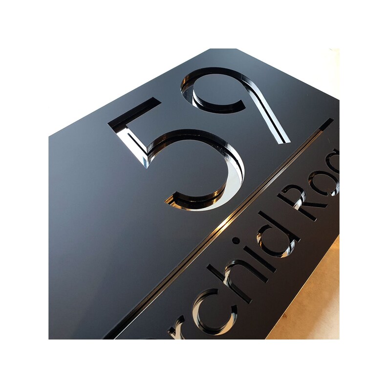 K Smart Sign | Bellissima H1 | Laser Cut Matt Dark Gray (Grey) & Gold Mirror Floating House Sign Plaques Address Door Number | 300mm X 160mm - View #7