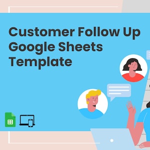 Può includere: Illustrazione di un rappresentante del servizio clienti con cuffie e camicia blu, che utilizza un computer portatile. Il rappresentante sta interagendo con tre clienti rappresentati da avatar di cartoni animati. Il testo "Customer Follow Up Google Sheets Template" è visualizzato nella parte superiore dell'immagine.